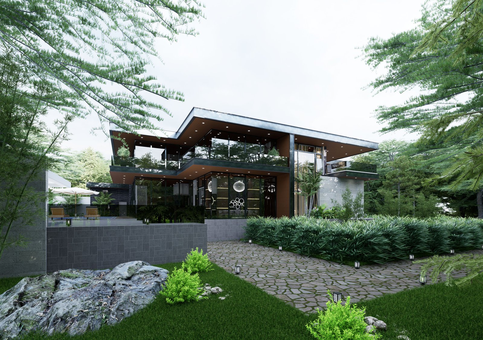 Modern glass-and-timber villa exterior with pool, framed by trees